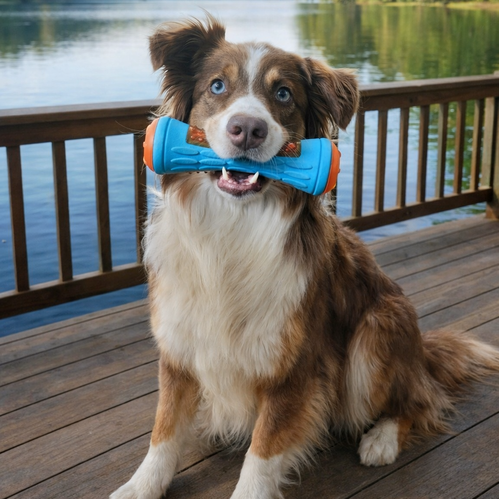 dog with bue toy in his mouth
