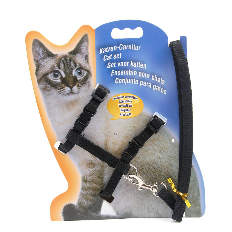 Cat harness and leash set with packaging featuring a cat illustration on a white background
