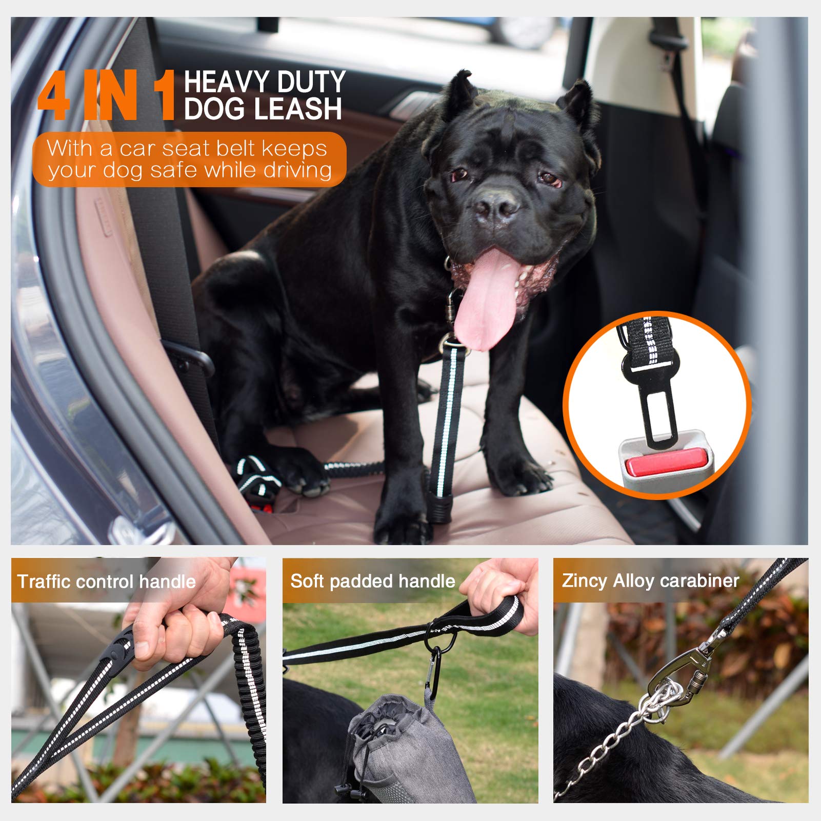 Dog sitting in a car with a 4-in-1 heavy-duty dog leash featuring a car seat belt, traffic control handle, soft padded handle, and zincy alloy carabiner.