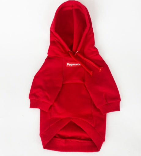Red hoodie with 'Supreme' logo on a white background