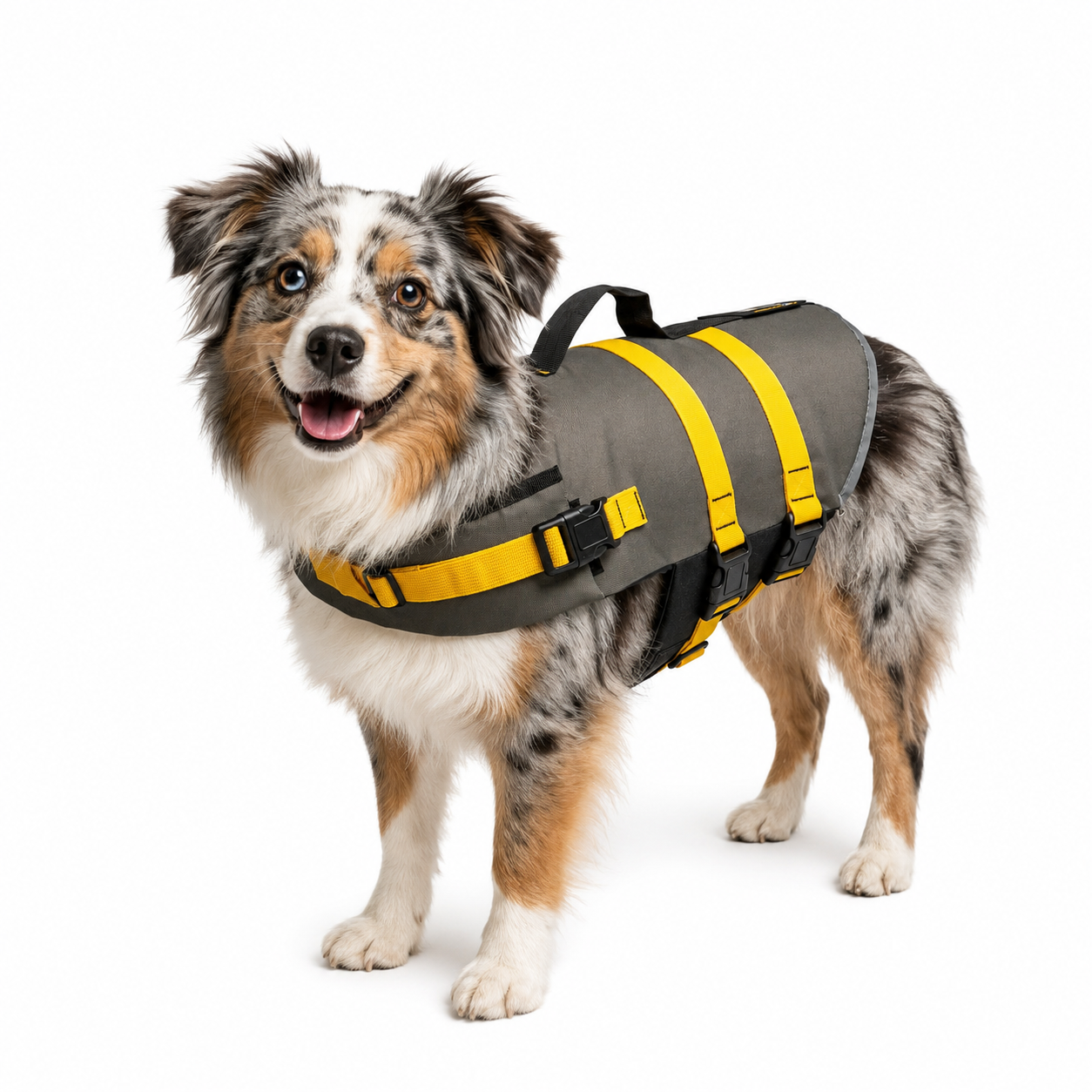 Dog wearing a gray and yellow life jacket on a white background