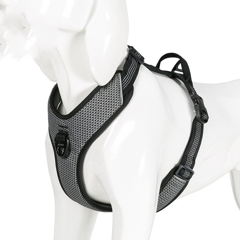 black dog harness on a mannequin with a white background