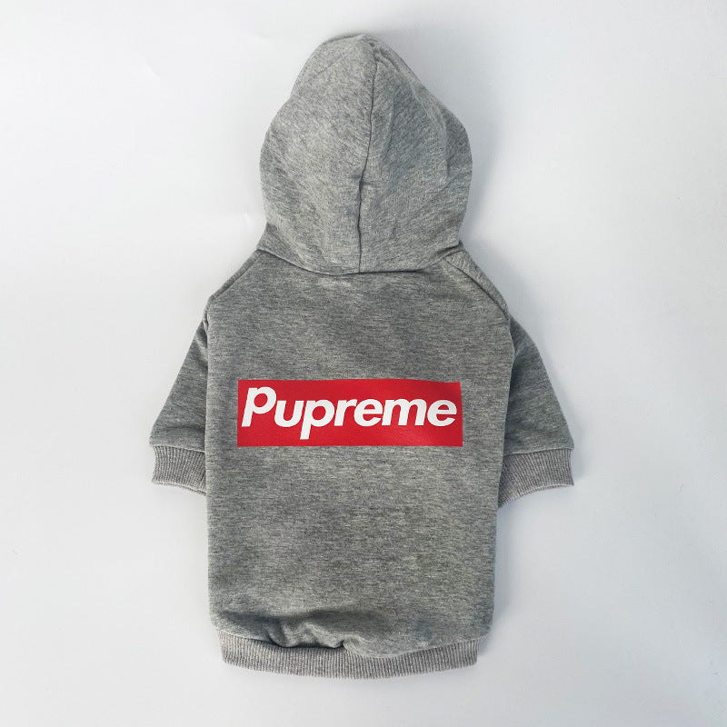 Gray pet hoodie with a red 'Pupreme' logo on a white background