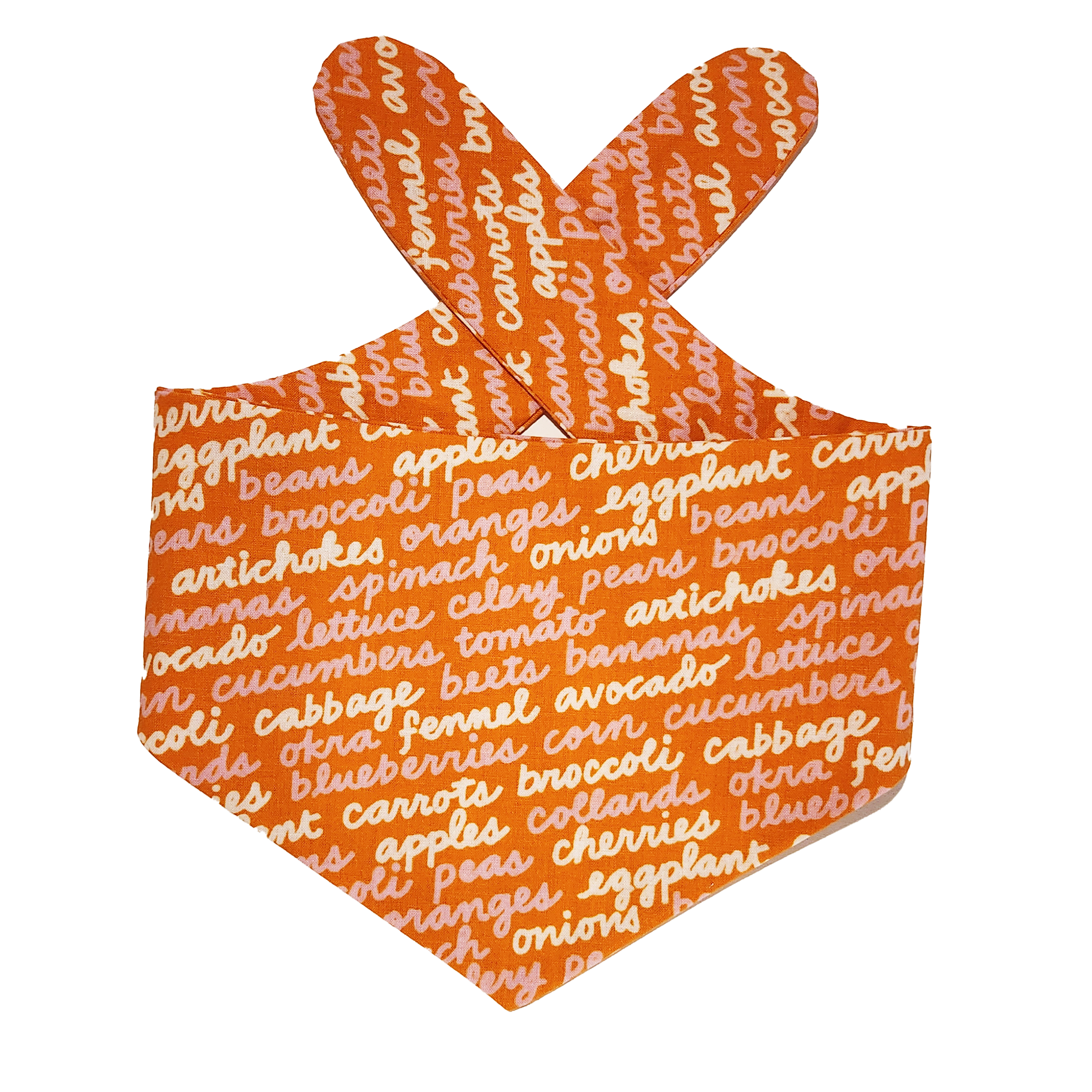 Orange dog bandana with white text on a white background