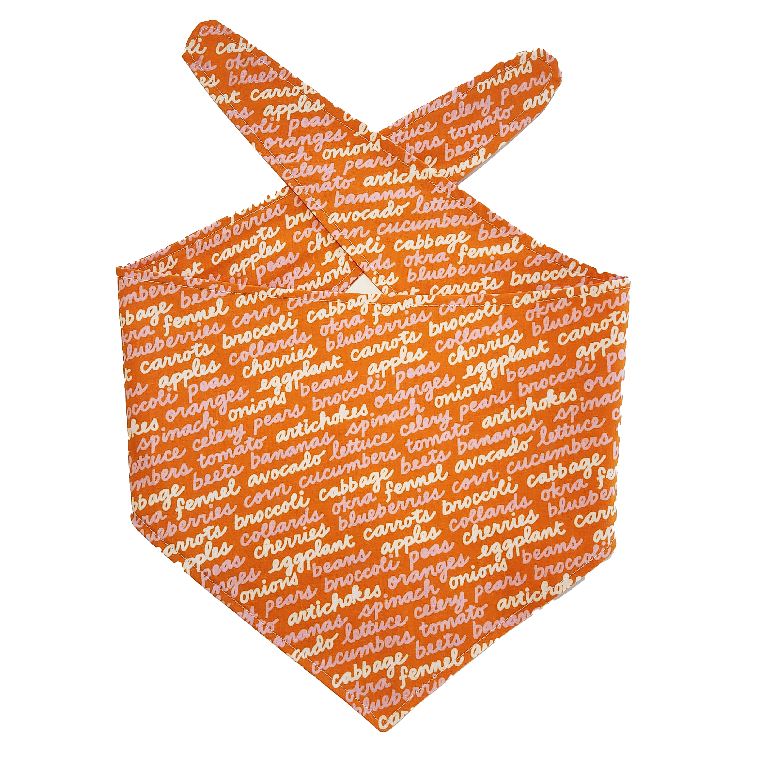 Patterned orange dog bandana with text on a white background
