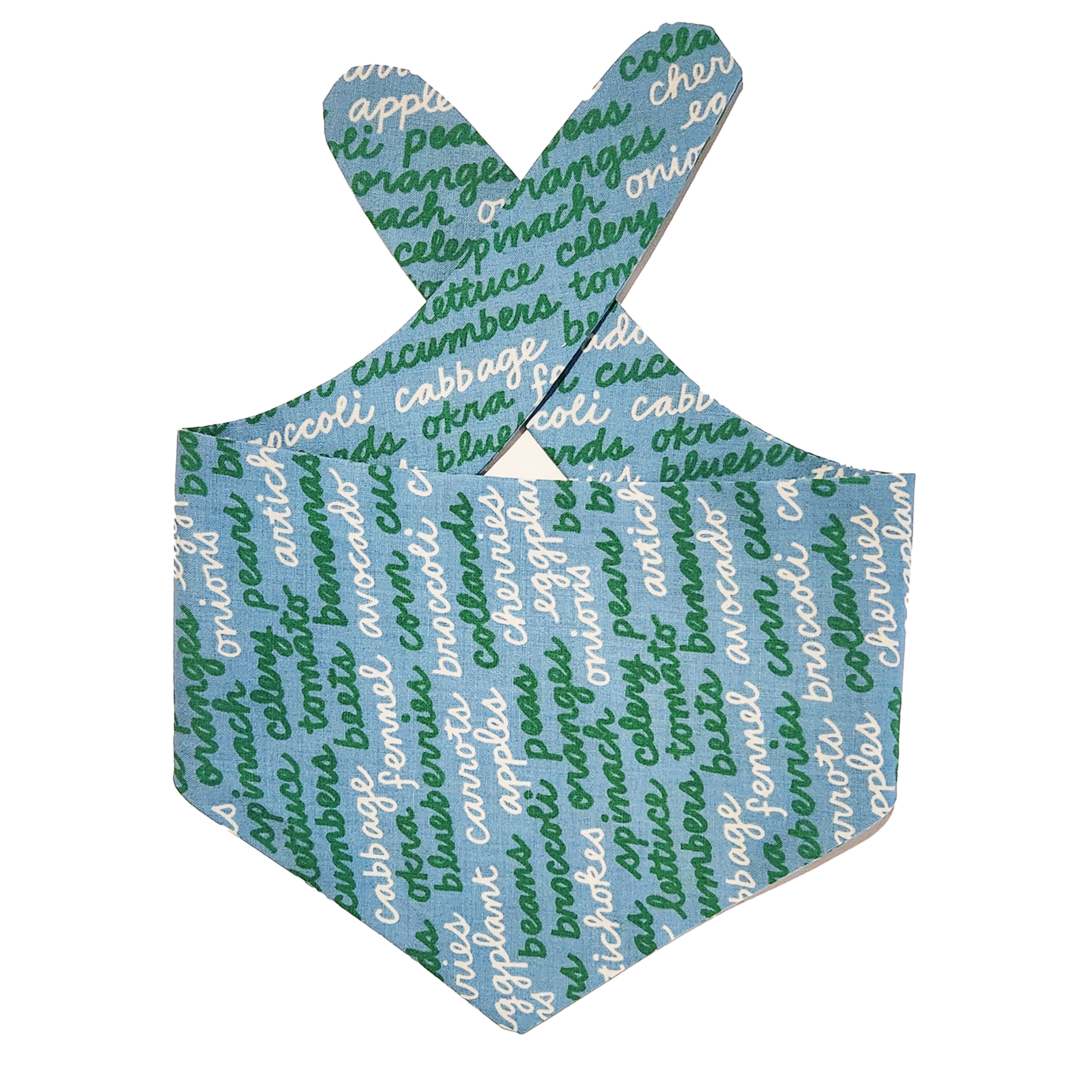 Blue dog bandana with green text on a white background
