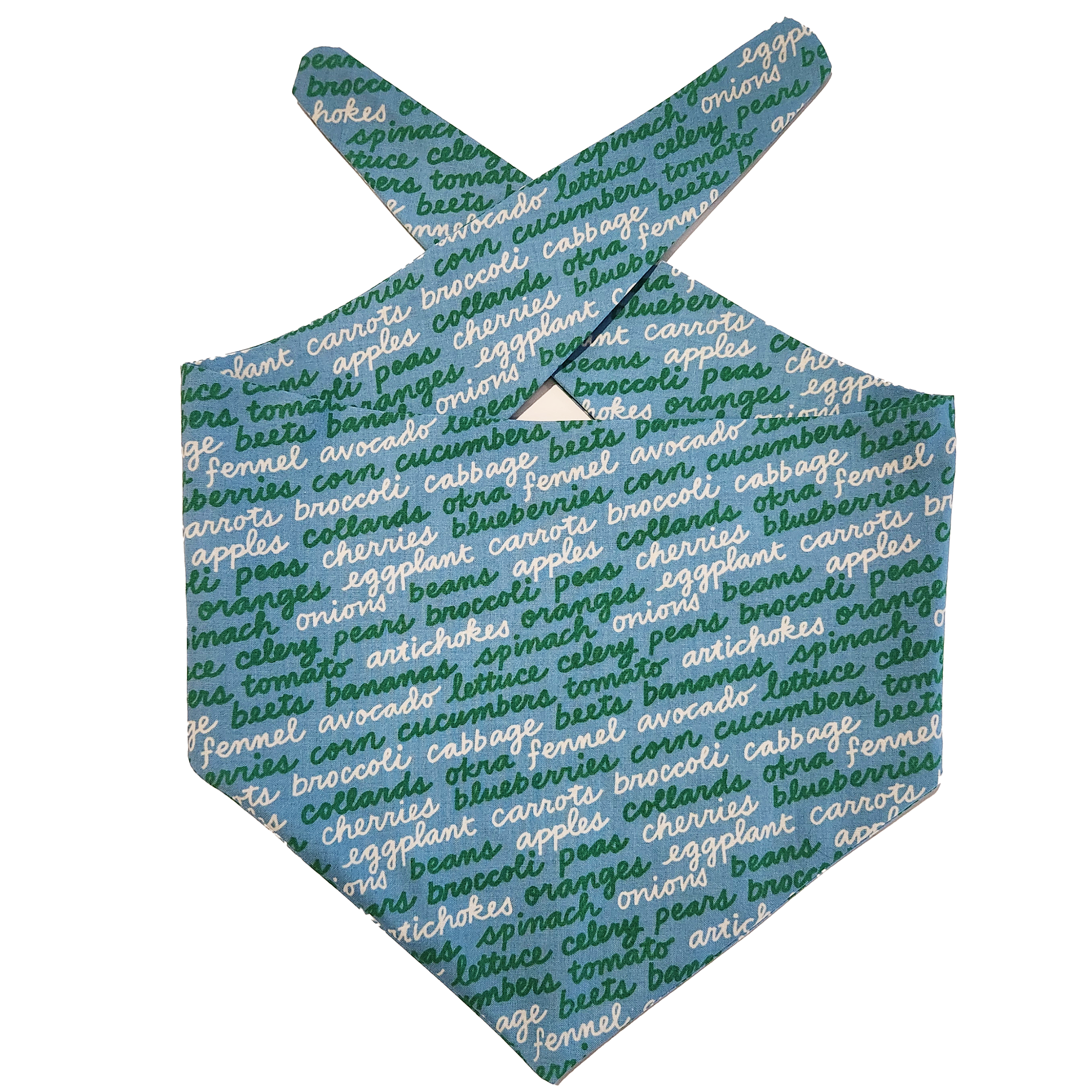 Blue dog bandana with green text pattern on a white background