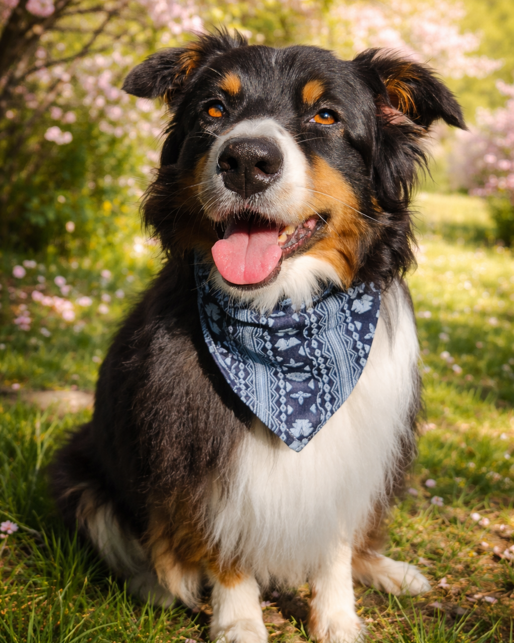 Dog with a blue bandana sitting in a grassy area with cherry blossoms in the background