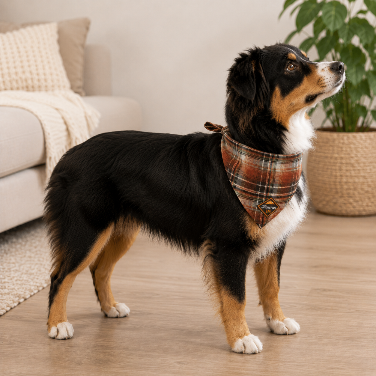 australian shepherd dog wearing a plaid bandana looking up in a living room