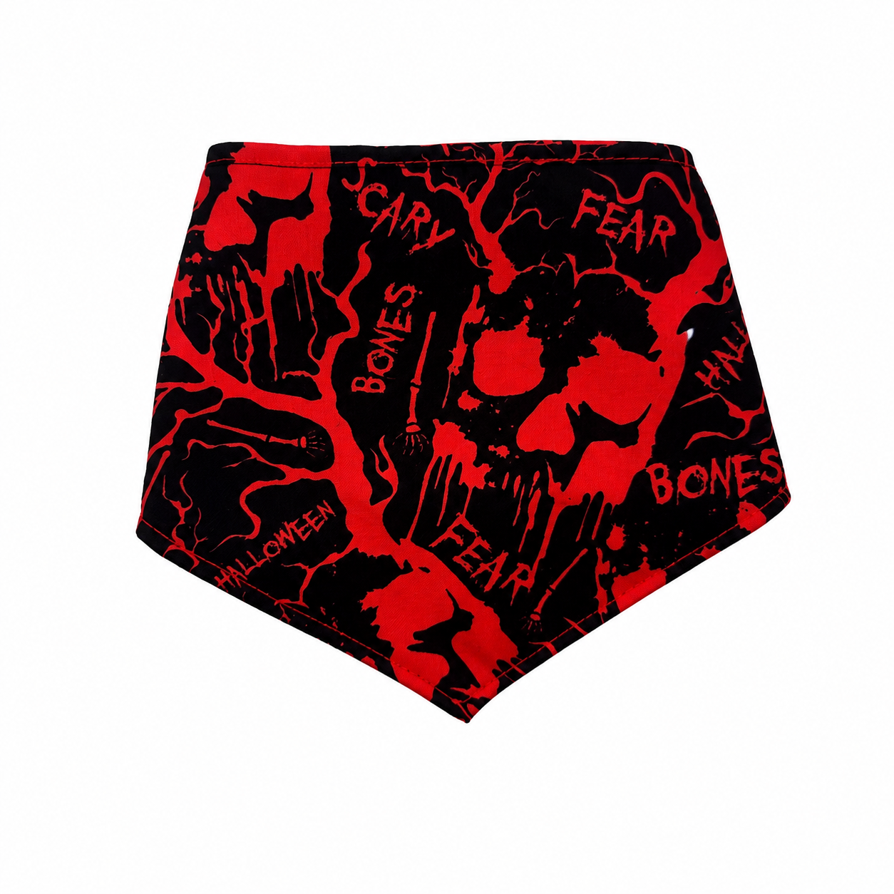 A black and red Halloween-themed bandana featuring a skull, bones, and spooky text like 'SCARY', 'FEAR', and 'HALLOWEEN' in a splattered graphic print.