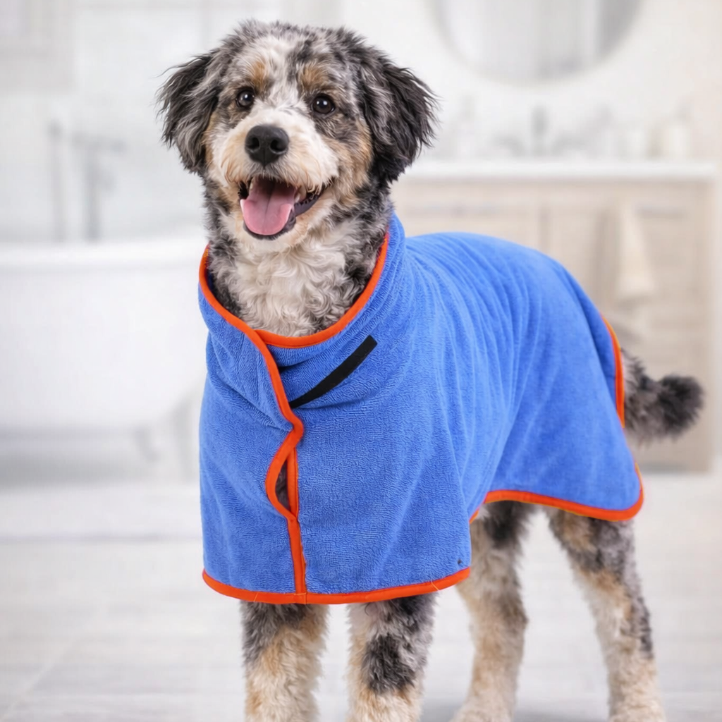 Dog wearing a blue bathrobe with orange trim indoors