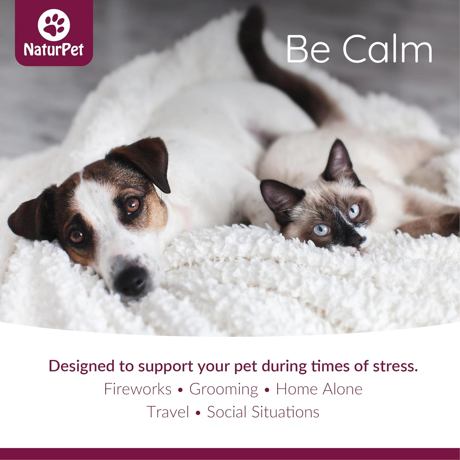 Dog and cat lying together on a soft surface with 'NaturPet' branding and text about stress support for pets.