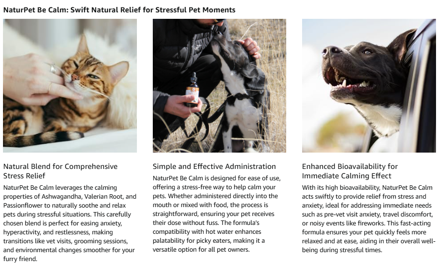 Advertisement for NaturPet Be Calm product showing a cat, dog, and horse with text about stress relief.