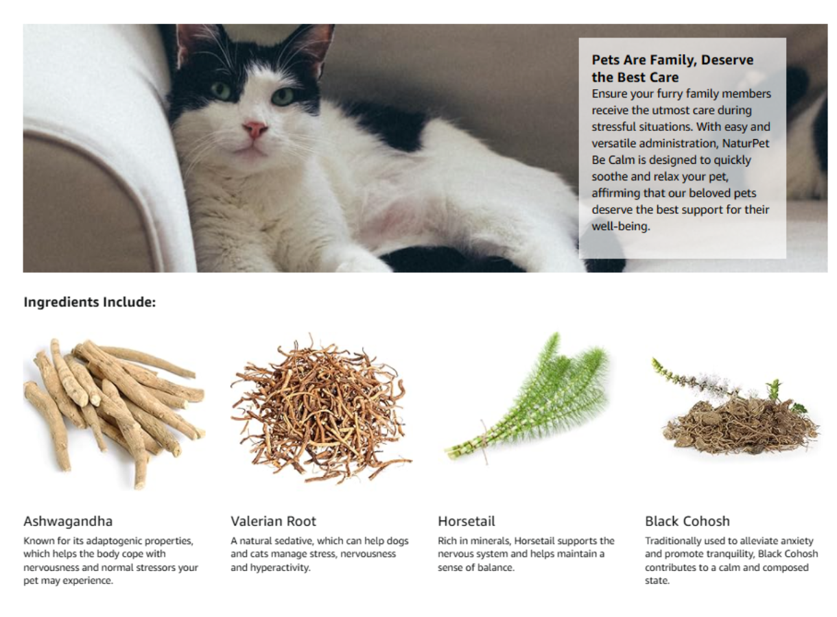 Cat sitting on a couch with pet care product packaging and ingredients listed below.