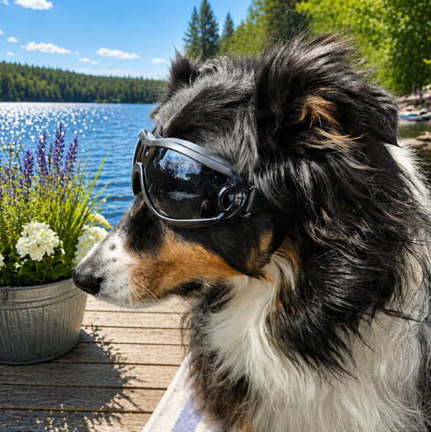 Dog wearing sunglasses with a scenic lake and forest background