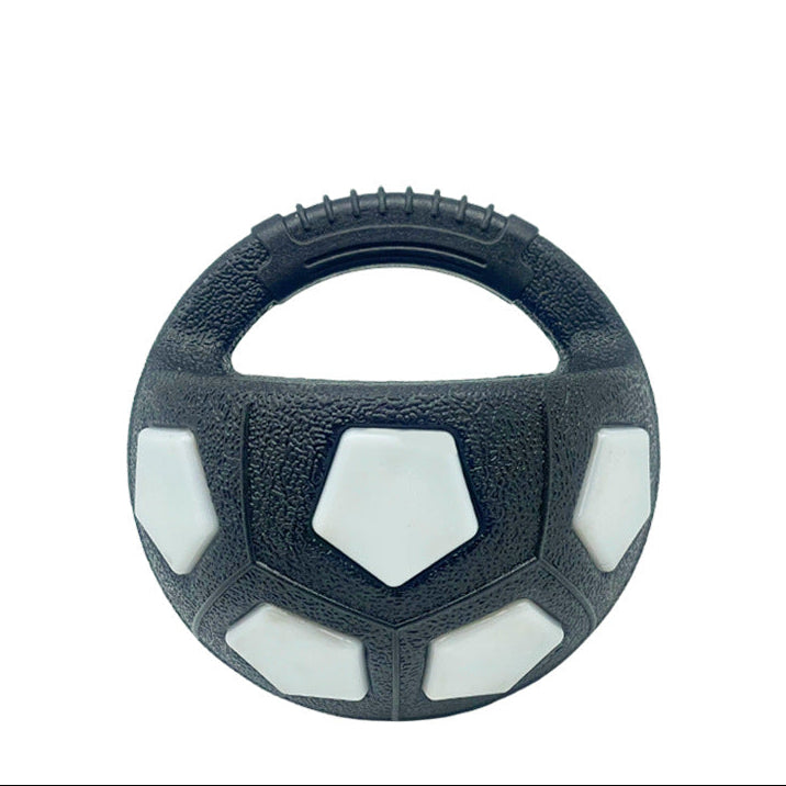 black and white rubber soccer ball for dog with handle to easily grab
