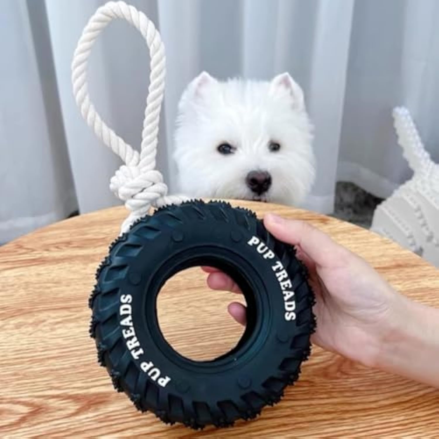 Dog toy with a tire and rope held by a hand, with a dog in the background.