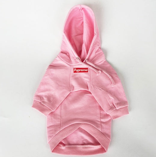 Pink hoodie with a red logo on a white background