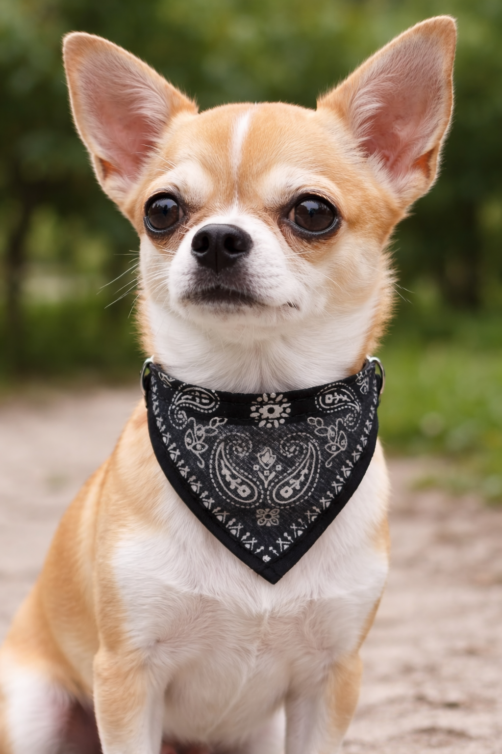 Small dog wearing a black bandana with a white pattern, standing outdoors.