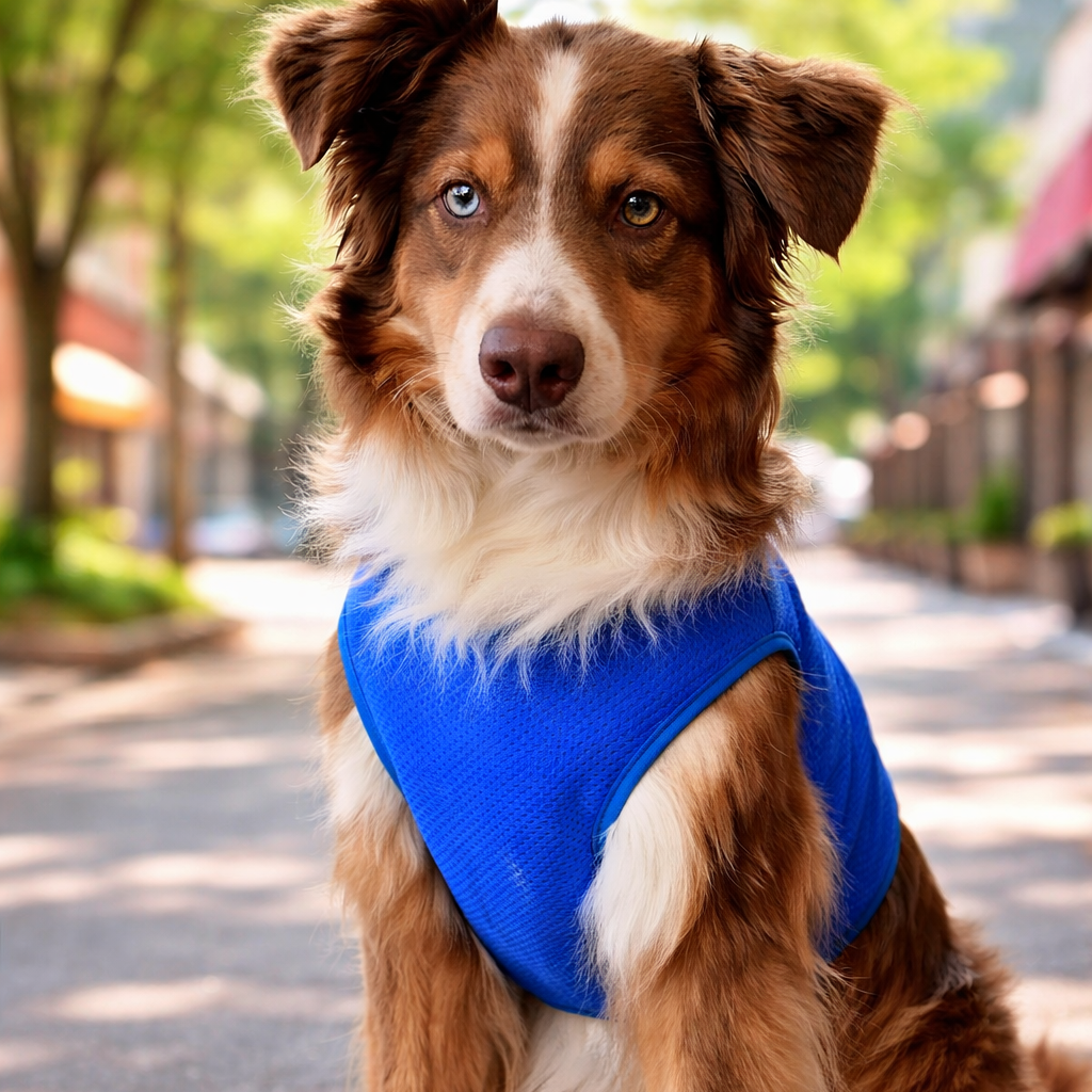 Dog wearing a blue vest sitting on a street with trees and buildings in the background