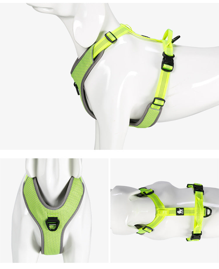 Neon Green dog harness on a mannequin with a white background