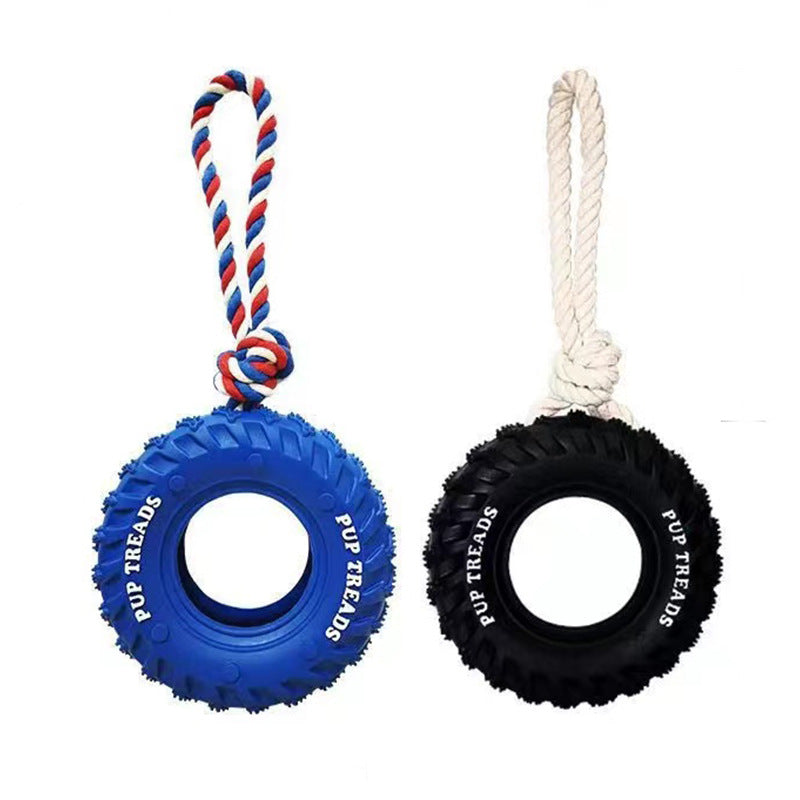 Two dog toys with tire and rope design on a white background
