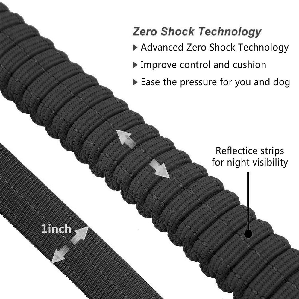 Black dog leash with text highlighting zero shock technology and reflective strips.