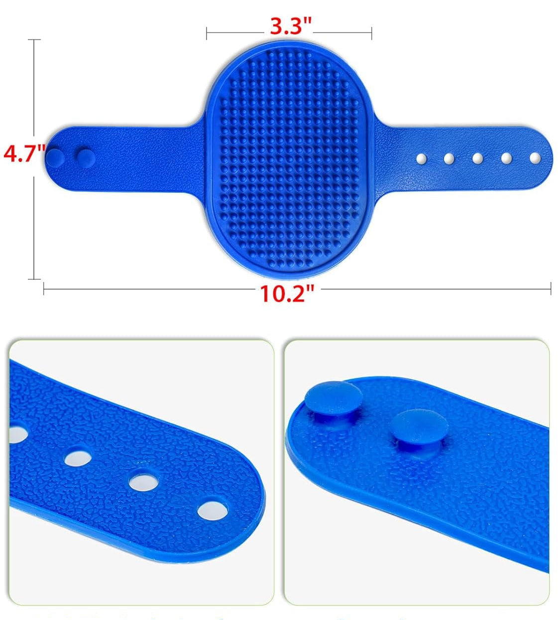 Blue wristband with measurements and features on a white background