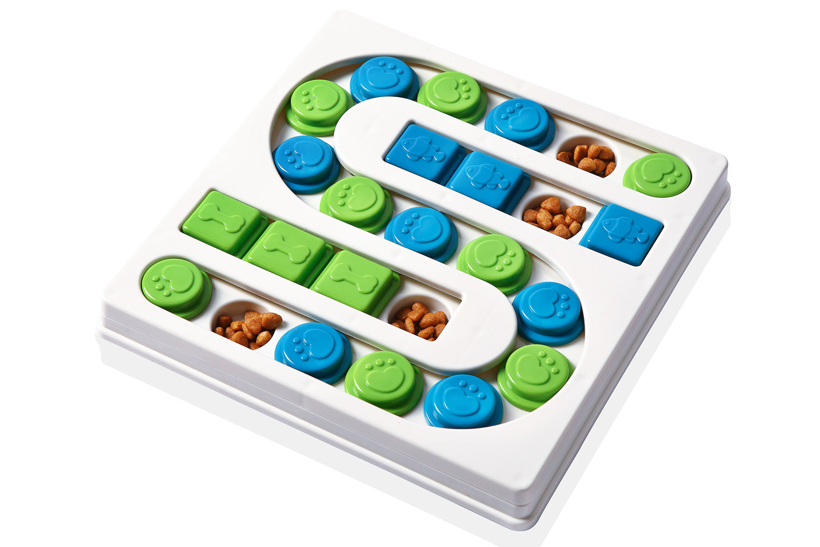Colorful puzzle toy with green, blue, and brown pieces on a white background