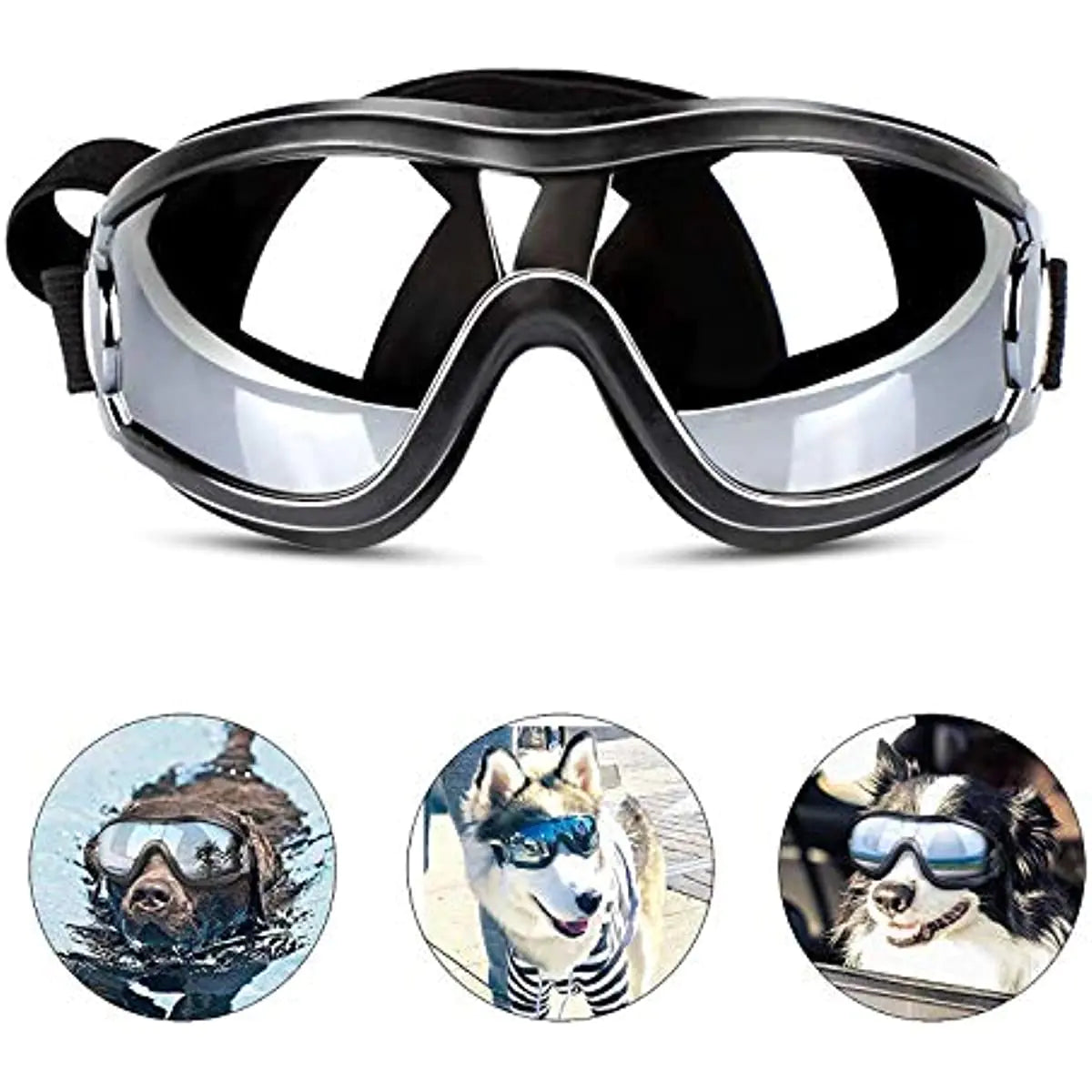 Dog goggles with black frame and clear lenses, shown on a white background.