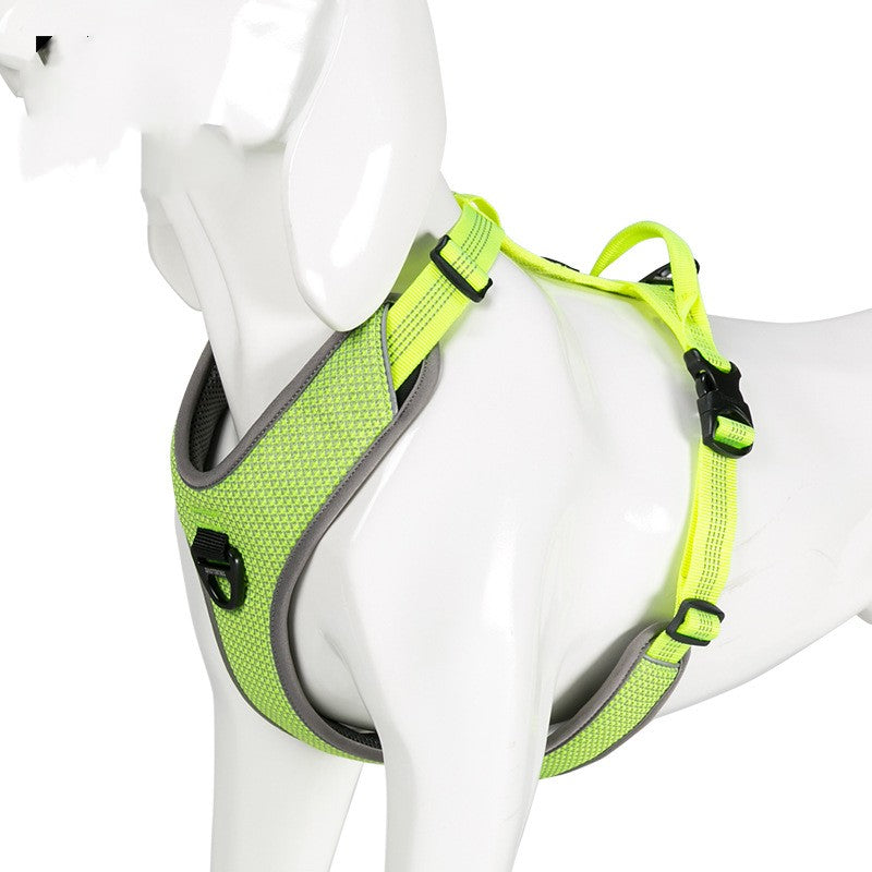 Neon green dog harness on a mannequin with a white background