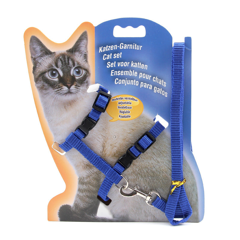 Cat harness and leash set with packaging featuring a cat illustration on a white background