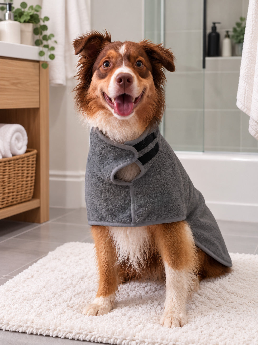 A brown and white Australian Shepherd dog wearing a gray bathrobe sits on a white bath mat in a bright, modern bathroom.