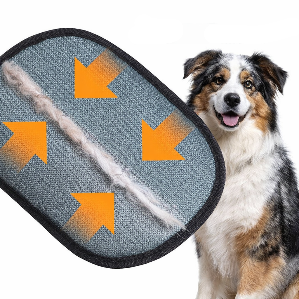 Dog with a woolen product showing cat hair and wool strands, with text indicating 'Cat Hair Change' and 'Wool'.