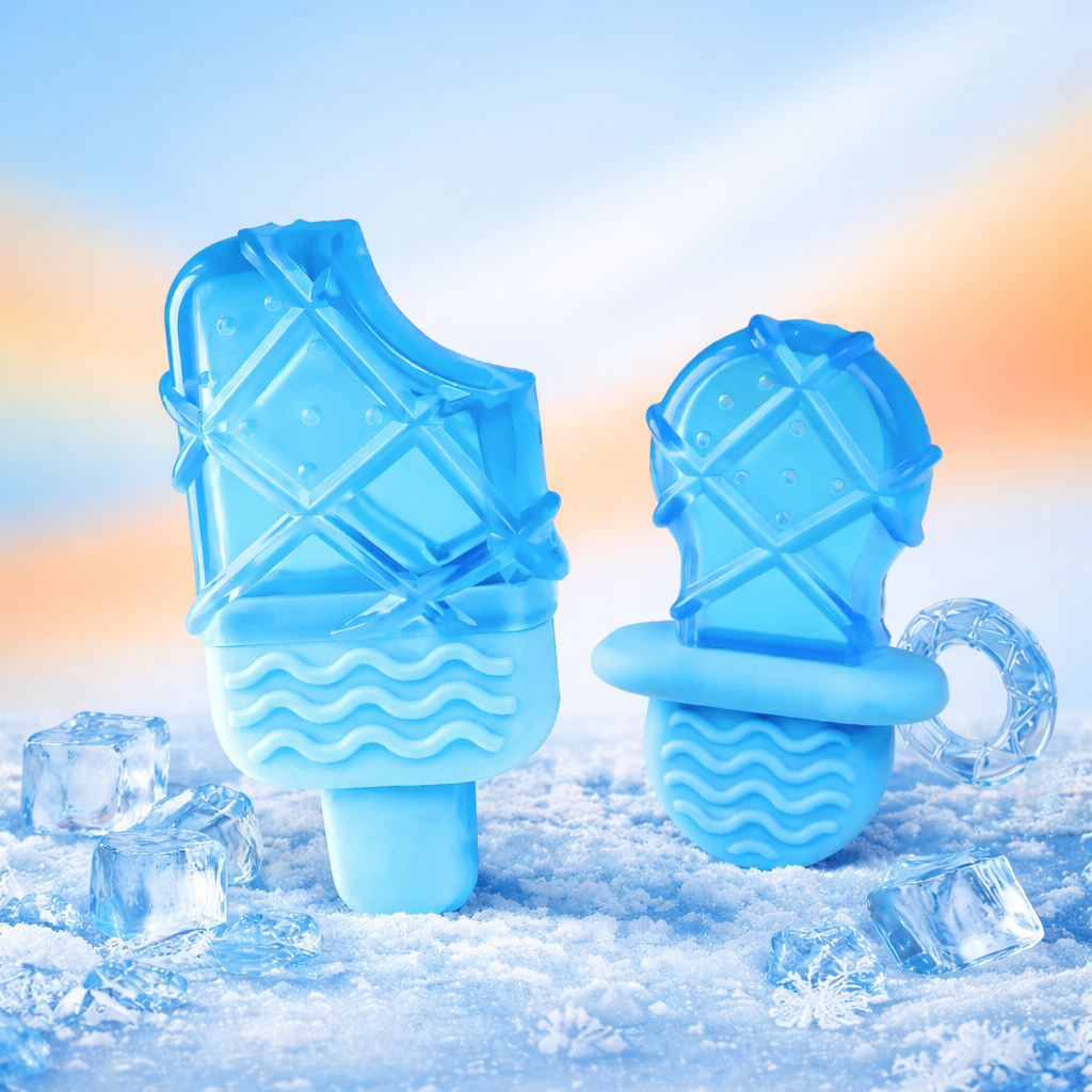 DOG Two blue ice cream molds on a snowy background