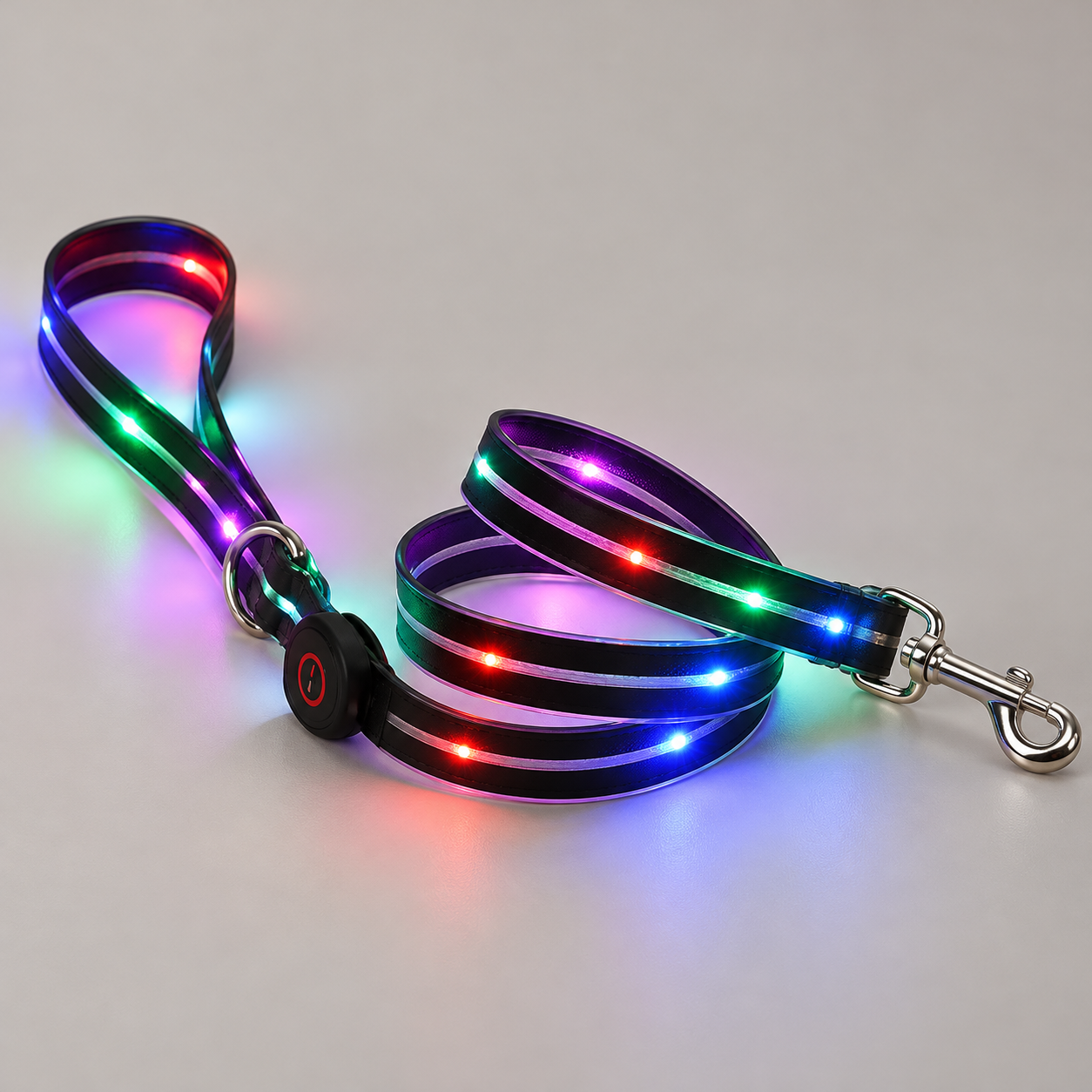 A black LED lighted dog leash with multiple colorful illuminated light strips and silver metal hardware, photographed on a clean light gray background.