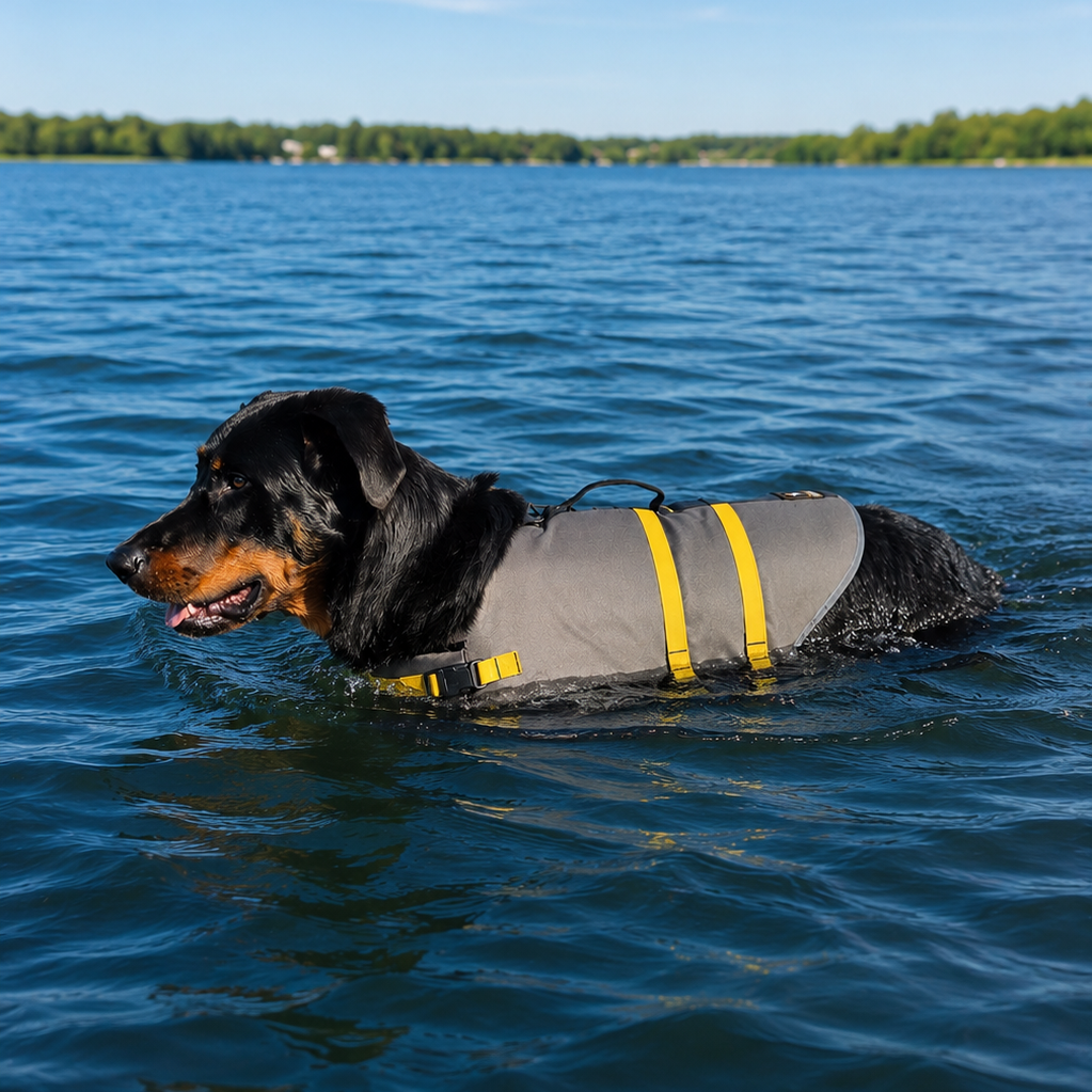 dog with life vest in the water