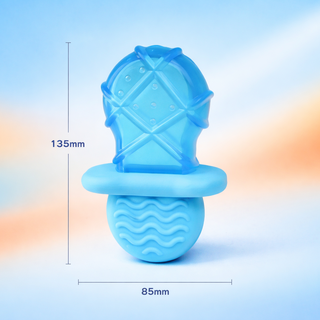 Blue ice cream-shaped DOG TOY with dimensions on a gradient background