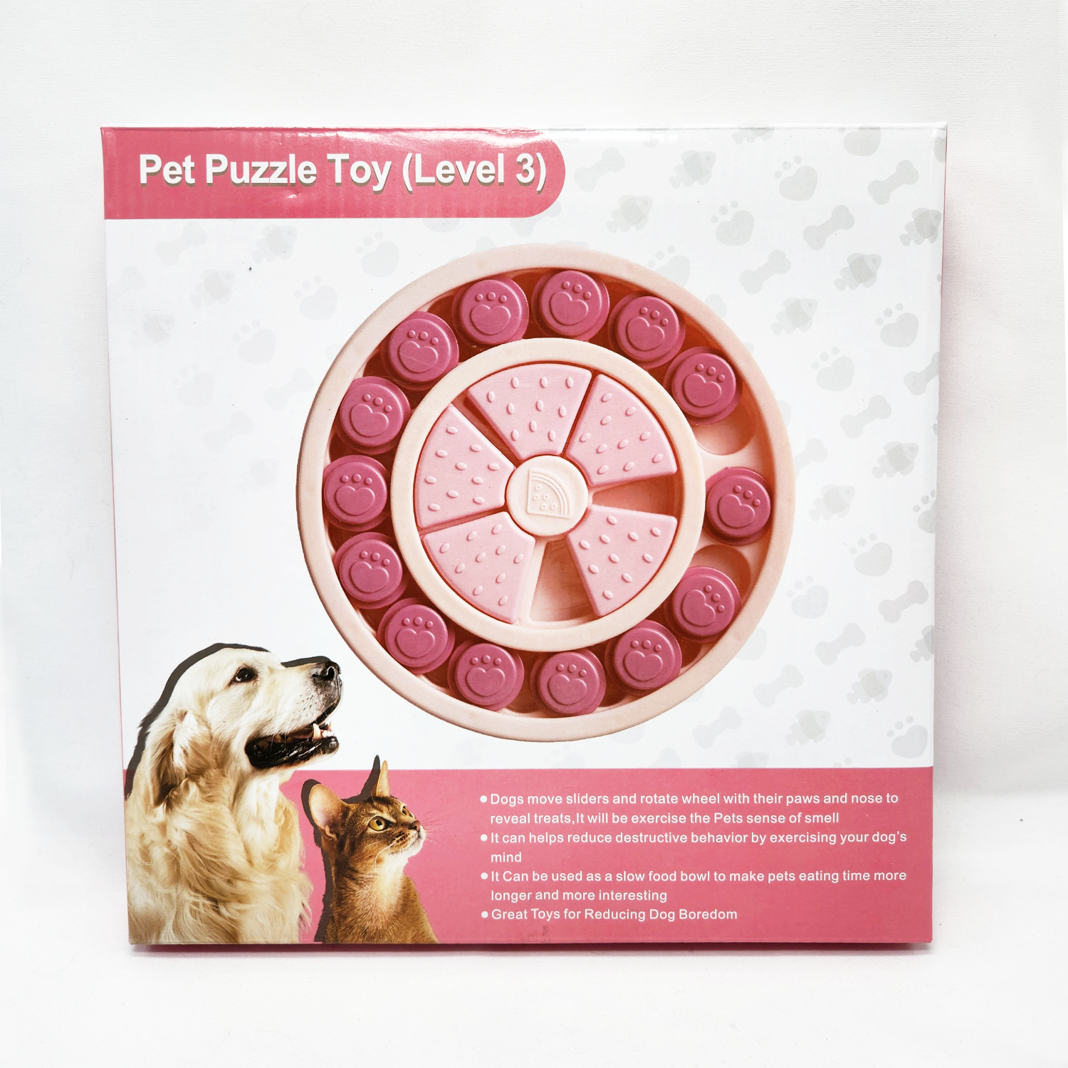 Pet puzzle toy packaging with a dog and cat on a white background