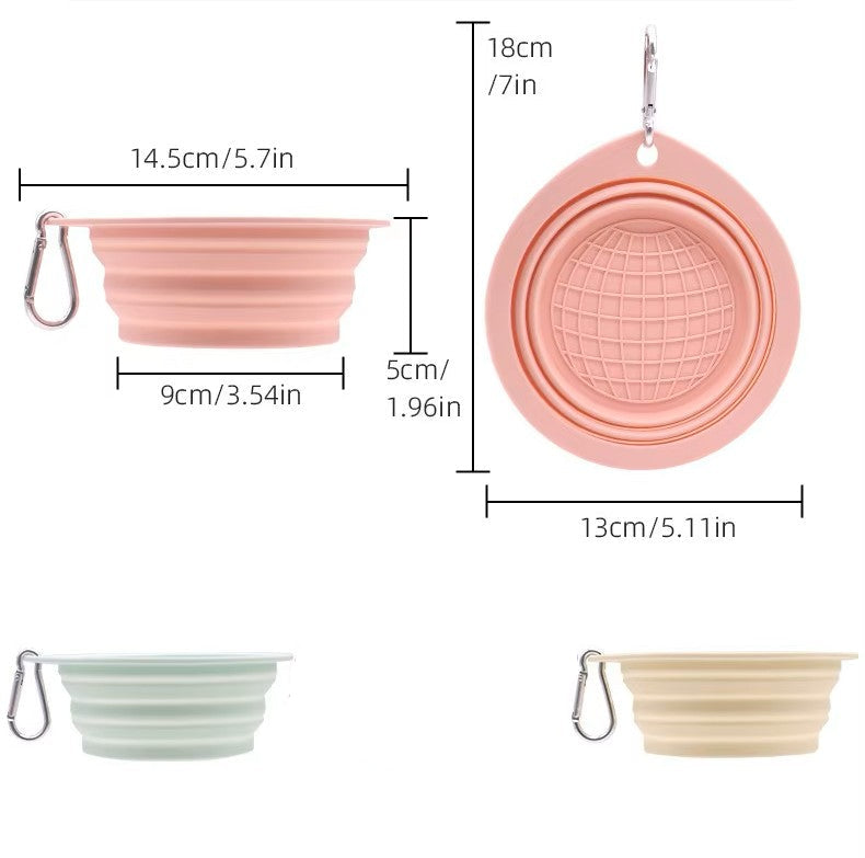 Collapsible silicone bowls with measurements and carabiners on a white background