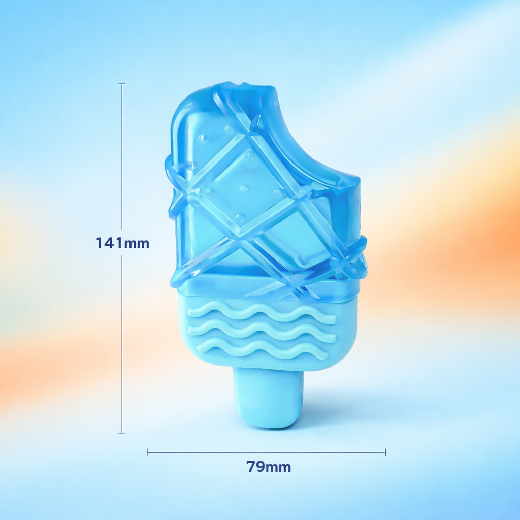 Blue ice cream mold DOG TOY with dimensions on a gradient background