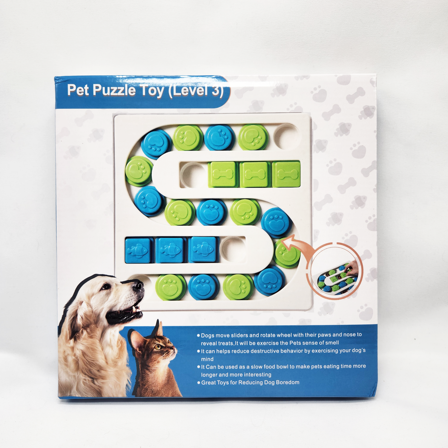 Pet puzzle toy packaging with a dog and cat on a white background