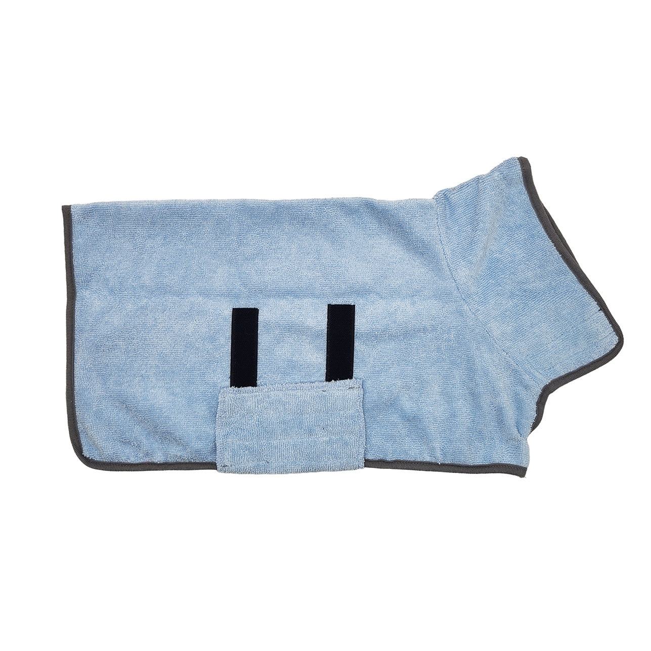 Blue dog towel bathrobe with grey binding and velcro adjustment on a white background