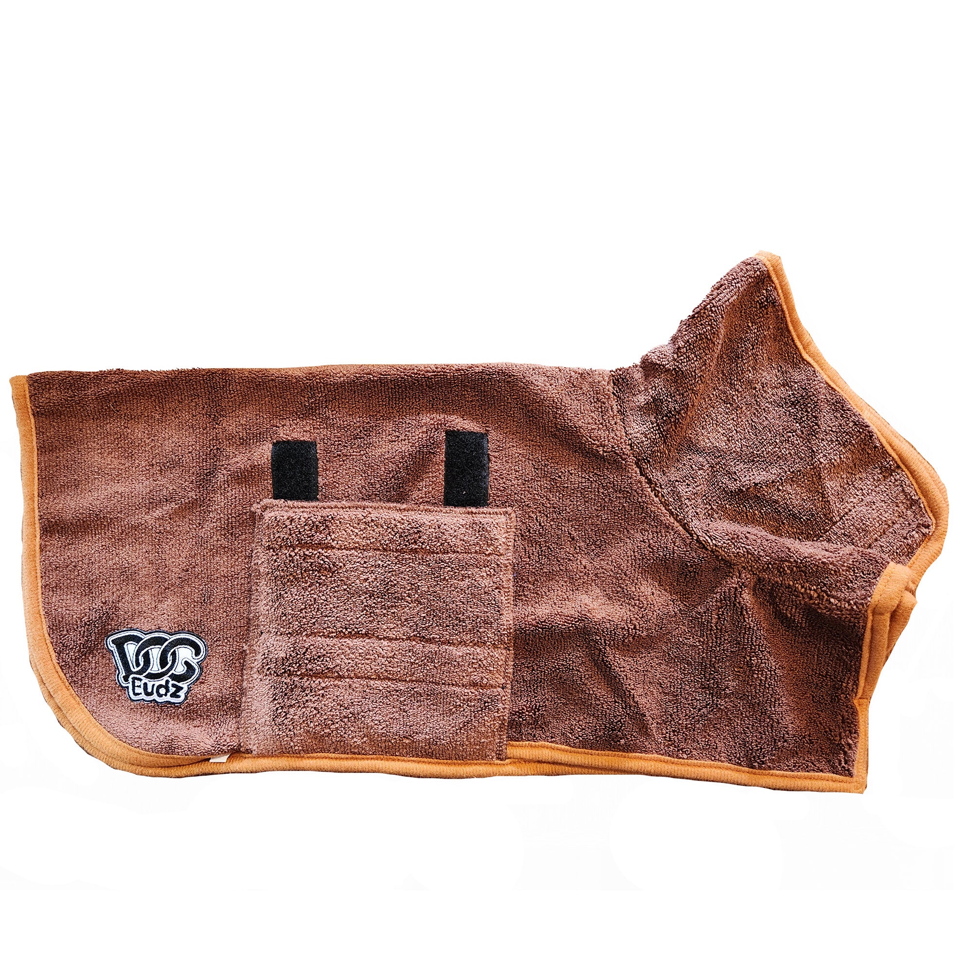 Brown dog bathrobe with logo on a white background