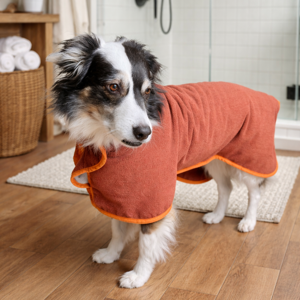 Dog wearing an orange bathrobe in a bathroom