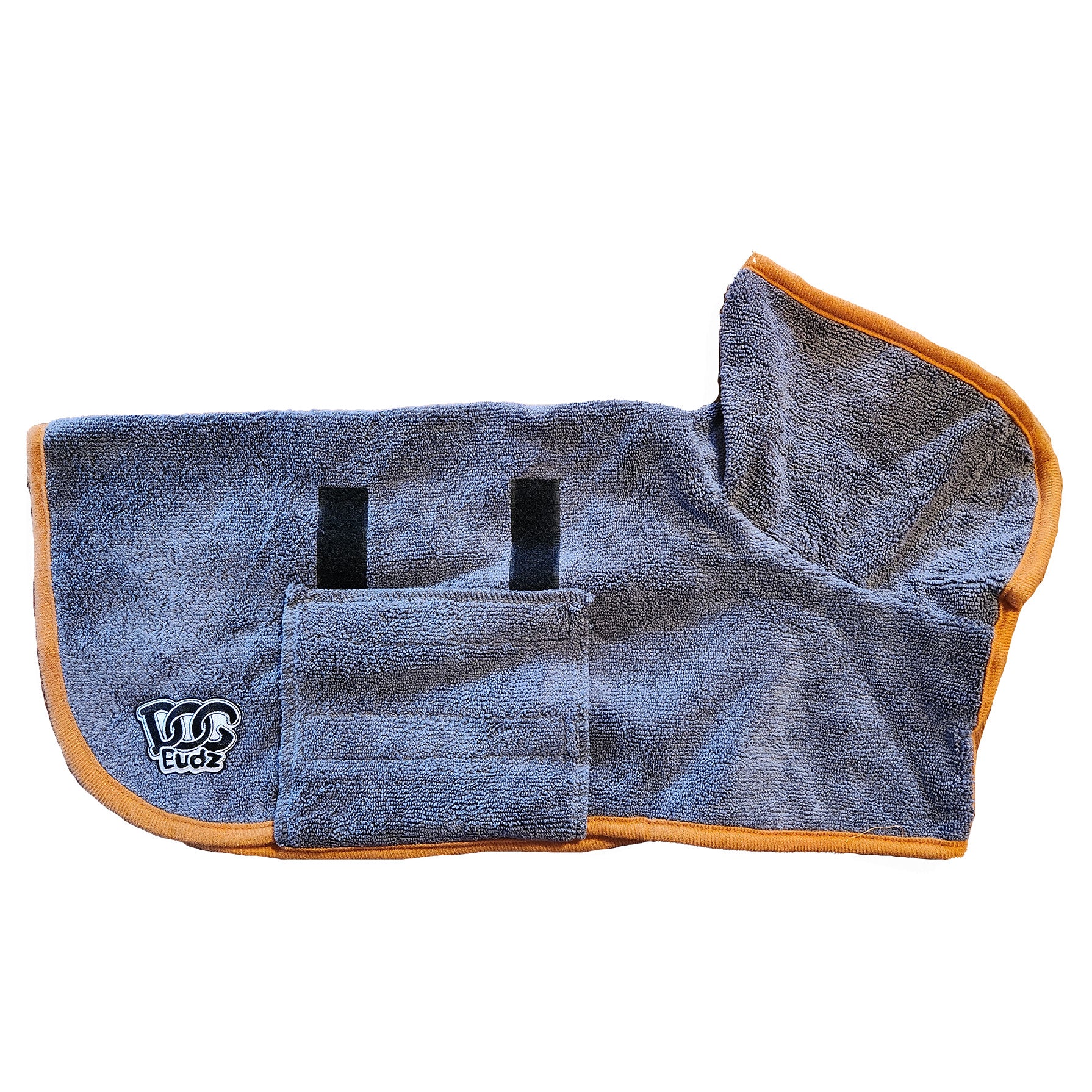 gray dog bathrobe with orange trim and a logo on a white background