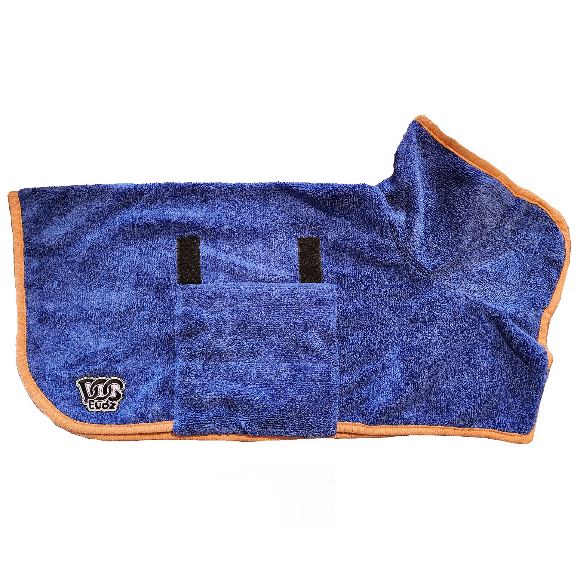 blue dog bathrobe with orange binding all around

