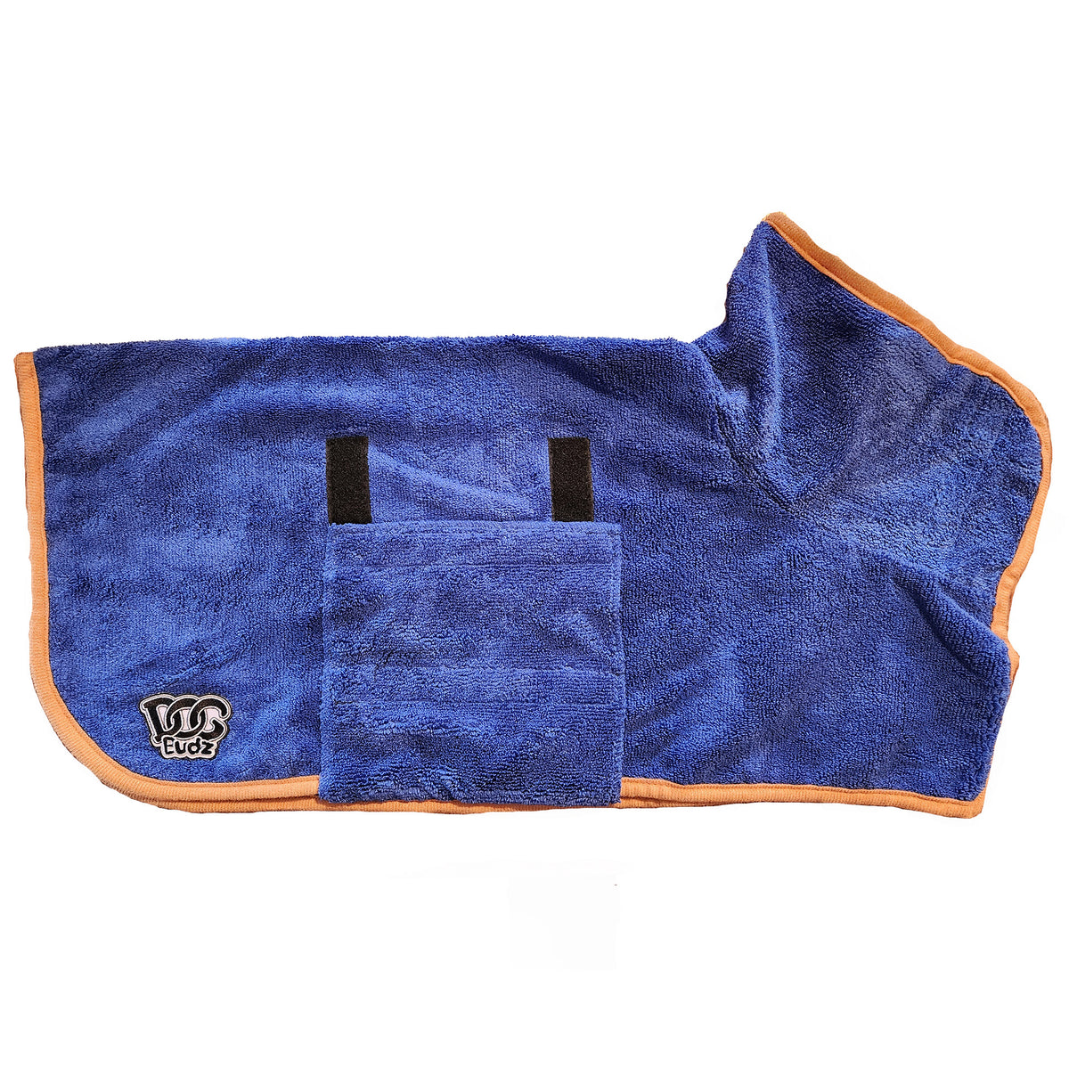 blue dog bathrobe with orange binding all around
