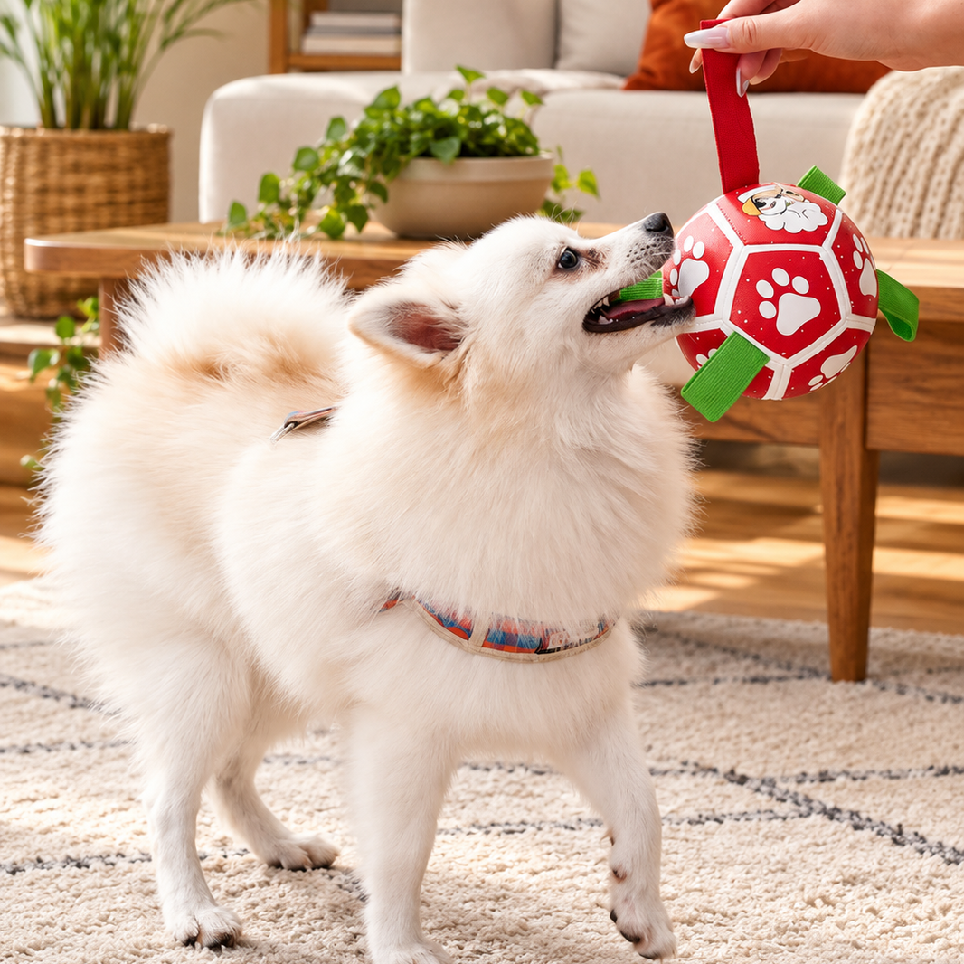 small white dog with red ball