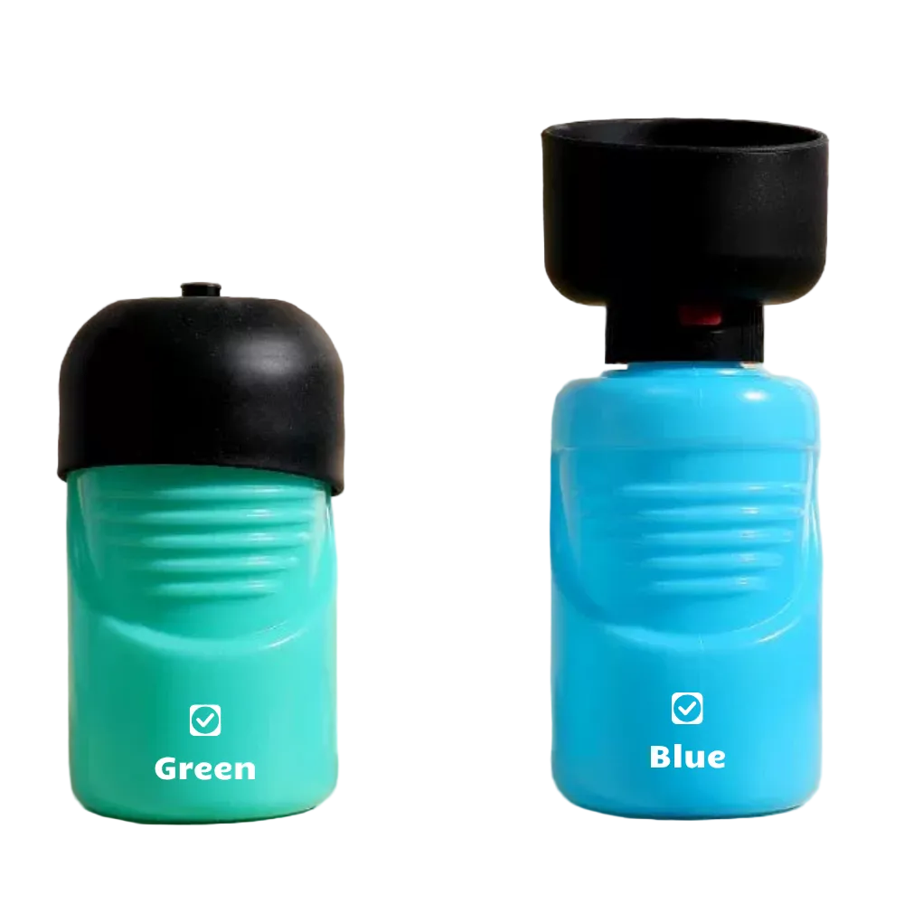 Two dog water bottles, one green and one blue, with black lids on a beige background.